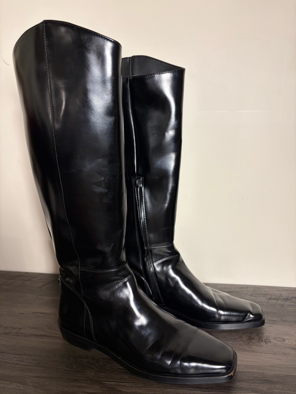 Sam Edelman Cesar Riding Boots Size 7.5 Black Shiny Square Toe Knee High Witchy - Picture 4 of 10